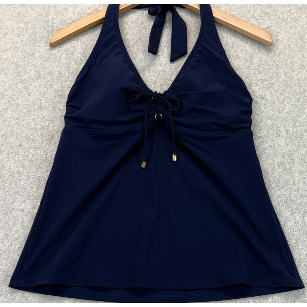 Lands' End Womens Tankini Top Navy Blue Stretch Halter Neck Drawstring Front 6